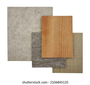 combination of interior material samples for mood and tone board consists grey concrete vinyl floor tile, oak and ash veneer, stone granite tile isolated on background with clipping path.