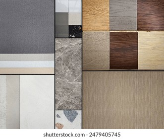 combination of interior material samples for mood board consists beech wooden veneers, marble, engineering wood tiles, indoor wallpapers, terrazzo, quartz, concrete laminated in close up view.