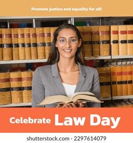 Combination of law day text over biracial female lawyer holding book. Law day, barrister and law professional concept digitally generated image. - Powered by Shutterstock