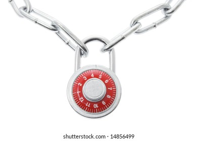 Combination Lock and Chain on Isolated White Background