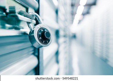 Combination Lock On A Self Storage Door. Life Style, Storage, Moving, Storing, Organizing Concept.