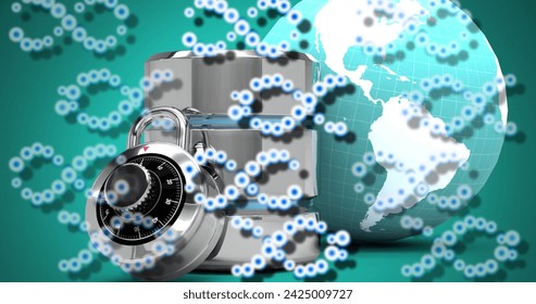 A combination lock secures a globe, symbolizing global data protection. Digital security icons float around, emphasizing the importance of safeguarding information worldwide.