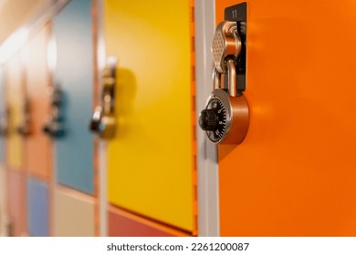 Combination locks on colorful school lockers