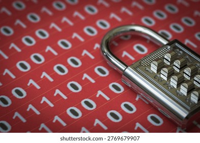 Combination padlock on red binary code background representing cybersecurity and data protection. - Powered by Shutterstock - Get 15% off with code: PIKWIZARD15