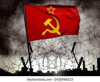 Combinación de bandera soviética y alambre de púas. Describe la Guerra Fría entre la Unión Soviética y Estados Unidos como un solo país. Mapa base y concepto de fondo. Holograma de doble exposición.     