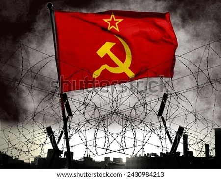 Combination of Soviet flag and barbed wire. Describes the Cold War between the Soviet Union and the United States as one country. Basemap and background concept. Double exposure hologram.     
