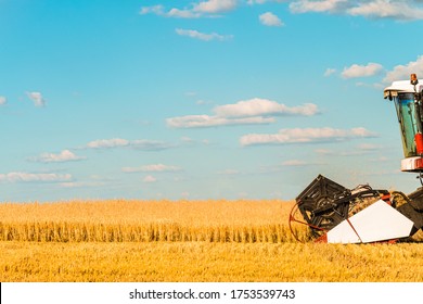 Combine Harvester With Cutter Platform At Work. Side View Of Head Cabin And Reaping Machine In Front Of Him.