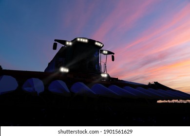 Combine Harvester For Harvest Corn At Night	