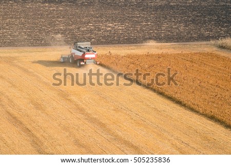 Similar – A combine harvester is harvesting grain crops on a cornfield in the evening sun seen from above