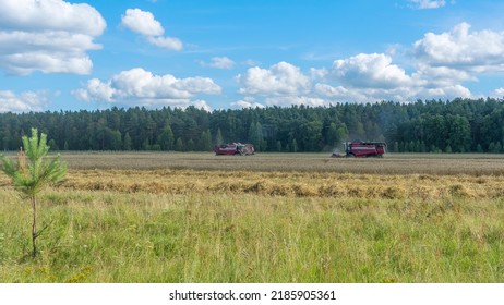 Combine Harvester Harvesting On The Field. Harvesting Wheat. Harvester Machine Working In Field. Agriculture. Large Scale Wheat Harvest Operation.