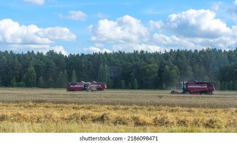 Combine Harvester Harvesting On The Field. Harvesting Wheat. Harvester Machine Working In Field. Agriculture. Large Scale Wheat Harvest Operation.