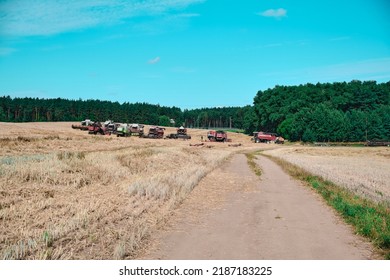 Combine Harvester Harvesting On The Field Machine Working Agriculture Large Scale Wheat Harvest Operation Outdoors