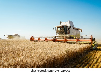 Combine harvester harvests ripe wheat. Concept of a rich harvest. Agriculture image - Shutterstock ID 1954219003