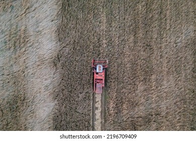 Combine Harvester In Mazowsze Region, Poland, Drone View