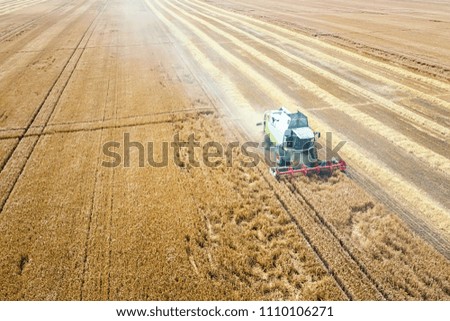 Similar – Image, Stock Photo Mähdräscher harvests a grain field in the evening light from the air