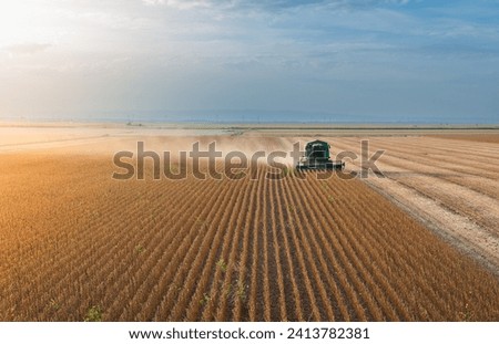 A combine harvesting soybeans at sunset