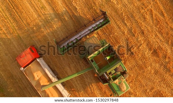 Combine and truck with grain. Agricultural\
machines, top view.