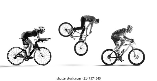 Combined Black And White Picture On A Bicycle Theme. Road, Mountain, Trial Cycling.