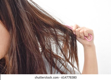 Combing with brush and pulls long hair. Daily preparation for looking nice,  Long Disheveled Hair,Holding Messy Unbrushed Dry Hair In Hands. Hair Damage, Health And Beauty Concept.