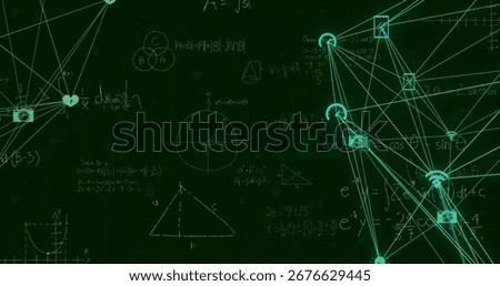 Combining chalkboard formulas and network visuals on green background with device icons, copy space. Educational, technology, abstract, connectivity, mathematical, vector, digital