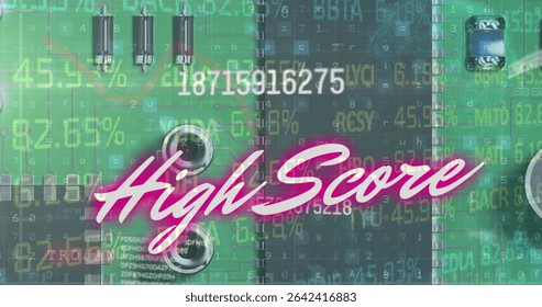 Combining pink neon High Score overlaying green circuit board, with vacuum tubes and numeric data. Tech, electronics, circuitry, digital, futuristic, neon, data