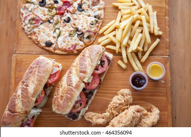 Combo Meal Sub Sandwiches Pizza Chips Chicken Strips Aerial Shot