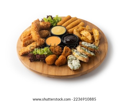 Combo plate of Cheese balls, Mozzarella cheese, Wedges, Garlic Bread, Chicken Tenders with sauce