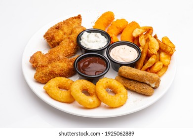 Combo plate of Onion Rings, Mozzarella cheese, Wedges, Breaded Shrimps, Chicken Sticks  - Shutterstock ID 1925062889