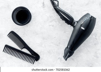 Combs And Hairdresser Tools On Stone Work Desk Background Top View Mockup