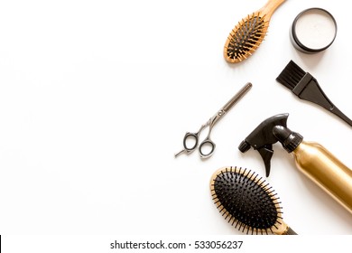 Combs And Hairdresser Tools On White Background Top View