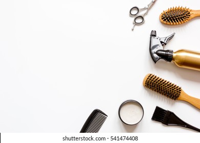 Combs And Hairdresser Tools On White Background Top View