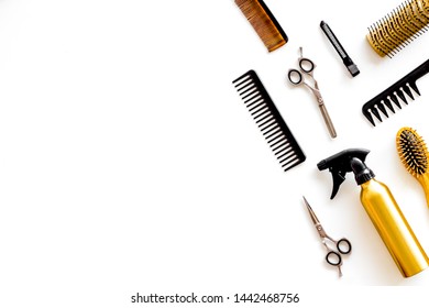 Combs, Spray And Hairdresser Tools In Beauty Salon Work Desk On White Background Top View Mockup