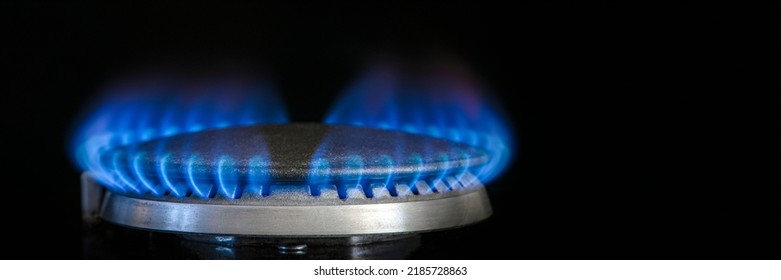 Combustion Of Natural Gas, Propane. Gas Stove On A Black Background. Fragment Of A Gas Kitchen Stove With A Blue Flame, Close-up. Energy Crisis Concept, Rise In Price Or Price Of Gas.