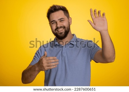 Similar – Image, Stock Photo Funny young man on brick wall with open hands