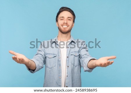 Similar – Image, Stock Photo Male hand comes out of a pile of leaves. Concept fall fun