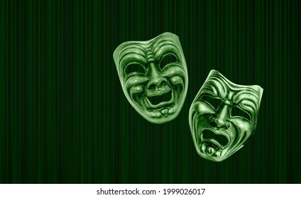 Comedy And Tragedy Theatrical Green Mask - Green Theater Curtain