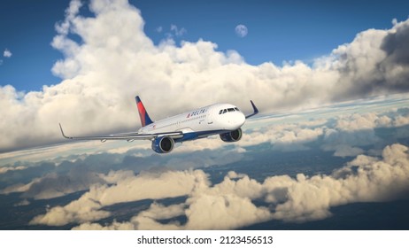 Comercial Airbus 320 Delta Airlines flying, 14 Fev. 2022, Sao Paulo, Brazil.