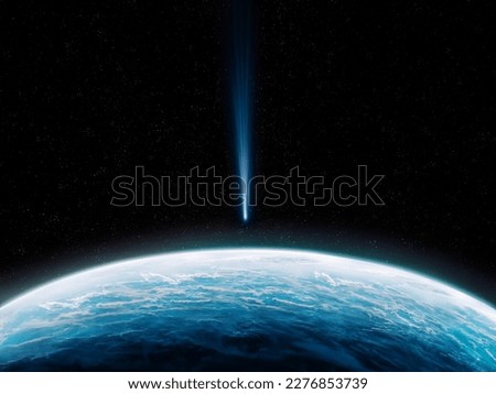 Comet is approaching the Earth. Close-up of blue planet with meteorite. Possibility of impact with a celestial body.