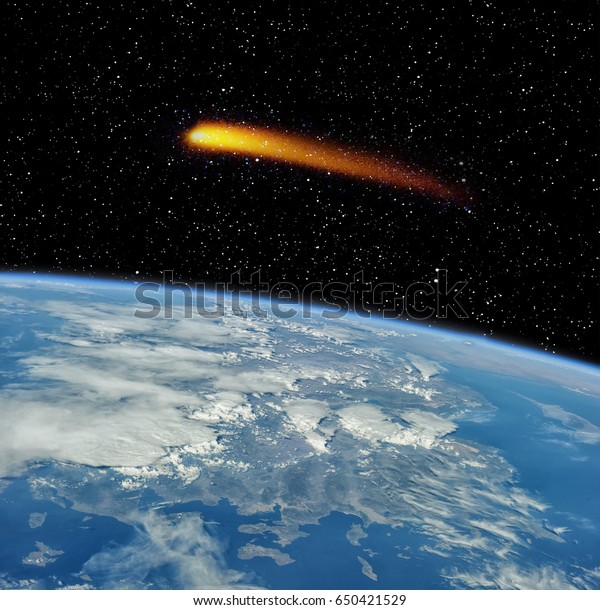 Comet aproaches to the earth\
globe. Comet impact. \