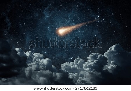 Comet, asteroid, meteorite flying on the background of the starry night sky. Glowing asteroid and tail of a falling comet. Elements of this image furnished by NASA. 