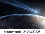 Comet, asteroid, meteorite flying to the planet Earth.  Glowing asteroid and tail of a falling comet threatening the safety of the Earth.  Elements of this image furnished by NASA. 