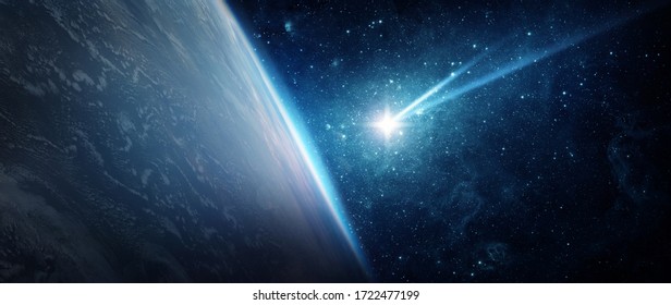 Komet, Asteroid, Meteorit fliegt auf den Planeten Erde. Erleuchtung Asteroid und Schwanz eines herabfallenden Kometen, der die Sicherheit der Erde bedroht. Das Konzept der Apokalypse, Bewaffnung, Verdammnis.