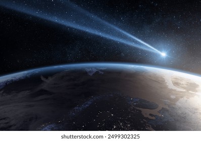 Comet, asteroid, meteorite flying to the planet Earth.  Glowing asteroid and tail of a falling comet threatening the safety of the Earth.  Elements of this image furnished by NASA. 