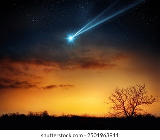 Comet, asteroid, meteorite flying to the planet Earth.  Glowing asteroid and tail of a falling comet threatening the safety of the Earth. Elements of this image furnished by NASA. 