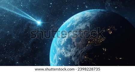 Comet, asteroid, meteorite flying to the planet Earth.  Glowing asteroid and tail of a falling comet threatening the safety of the Earth.  Elements of this image furnished by NASA. 