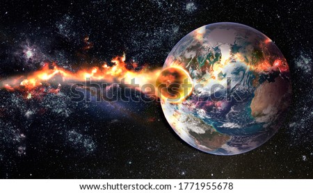 Comet, asteroid, meteorite glows, attacks, enters falls attacks the earth's atmosphere. End of the world. Collision of asteroid with the planet Earth. Elements of this image furnished by NASA.