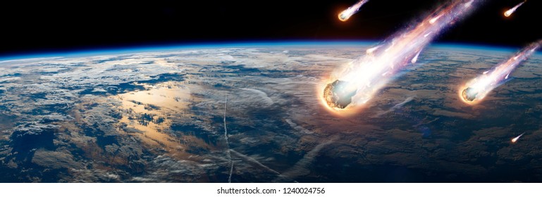 A comet, an asteroid, a meteorite glows, enters the earth's atmosphere. Attack of the meteorite. Meteor Rain. Kameta tail. End of the world. Elements of this image furnished by NASA. Mixed media.