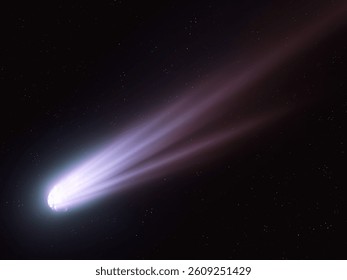 Comet with bright tail in space. Photo of a real comet flying near the Earth. Shooting star in the sky. Falling asteroid.