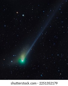Comet C 2022 E3, bright green nucleus and faint Comet's ion tail