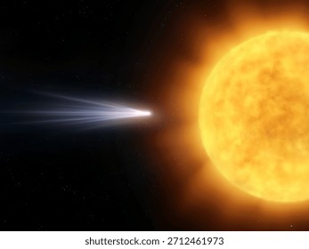 Comet close to the sun in space. Comet's nucleus evaporates near the star. Celestial body in the solar system.